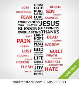 Christian cross with religion words. Vector print.