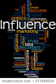 Influence, word cloud concept on black background.