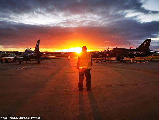 Pictured: Sunrise at Aberdeen Airport today where RNAS Culdrose's 'bad guy' jets have set up home while they prepare their Hawks to simulate attacks on NATO ships